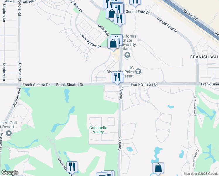 map of restaurants, bars, coffee shops, grocery stores, and more near 74895 Frank Sinatra Drive in Palm Desert