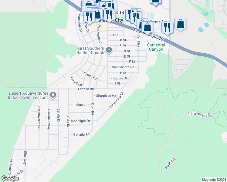 map of restaurants, bars, coffee shops, grocery stores, and more near 68541 Terrace Road in Cathedral City