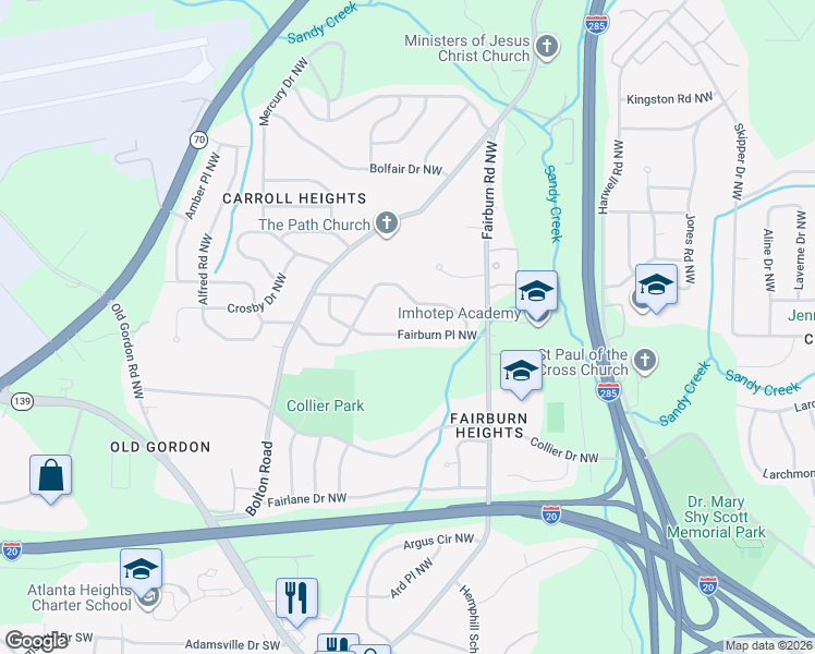 map of restaurants, bars, coffee shops, grocery stores, and more near 3561 Fairburn Place Northwest in Atlanta