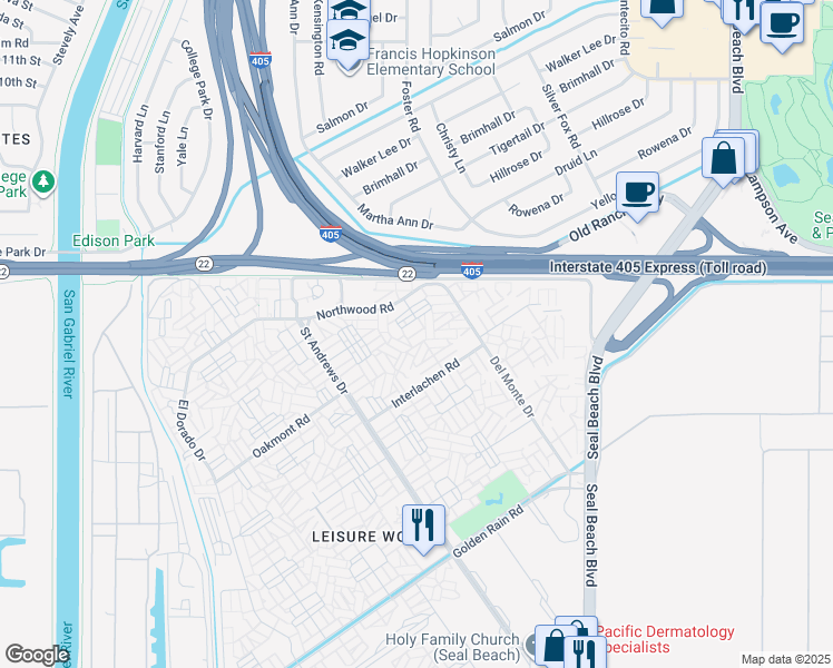 map of restaurants, bars, coffee shops, grocery stores, and more near 13141 Shawnee Lane in Seal Beach