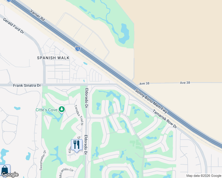 map of restaurants, bars, coffee shops, grocery stores, and more near 38053 Crocus Lane in Palm Desert