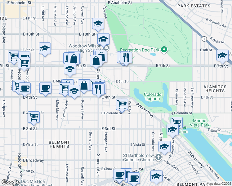 map of restaurants, bars, coffee shops, grocery stores, and more near 4643 East 4th Street in Long Beach