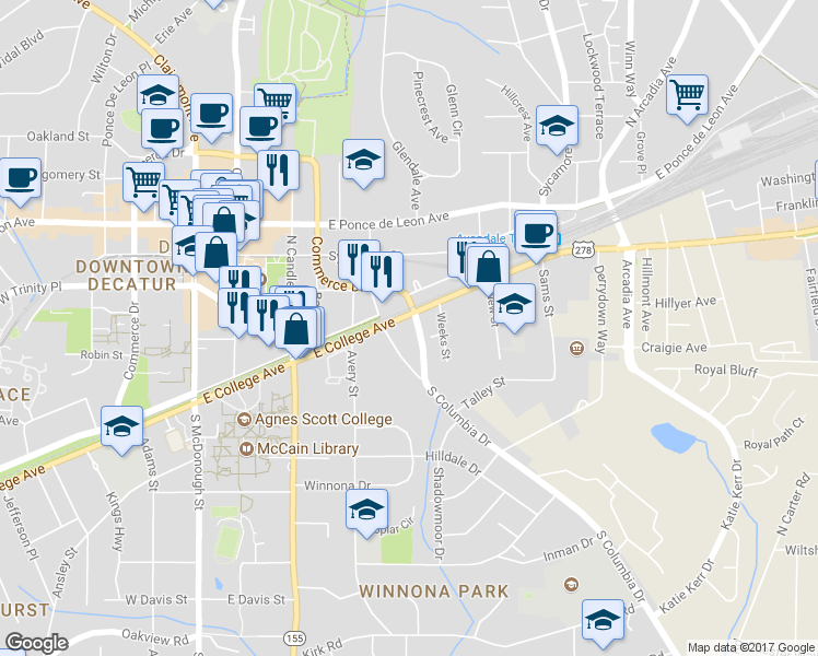 map of restaurants, bars, coffee shops, grocery stores, and more near 527 East College Avenue in Decatur