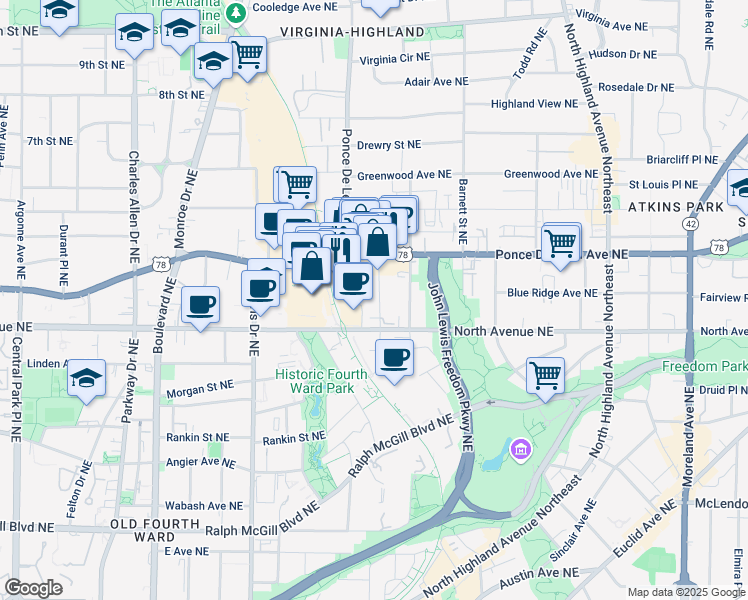 map of restaurants, bars, coffee shops, grocery stores, and more near 650 Somerset Terrace Northeast in Atlanta