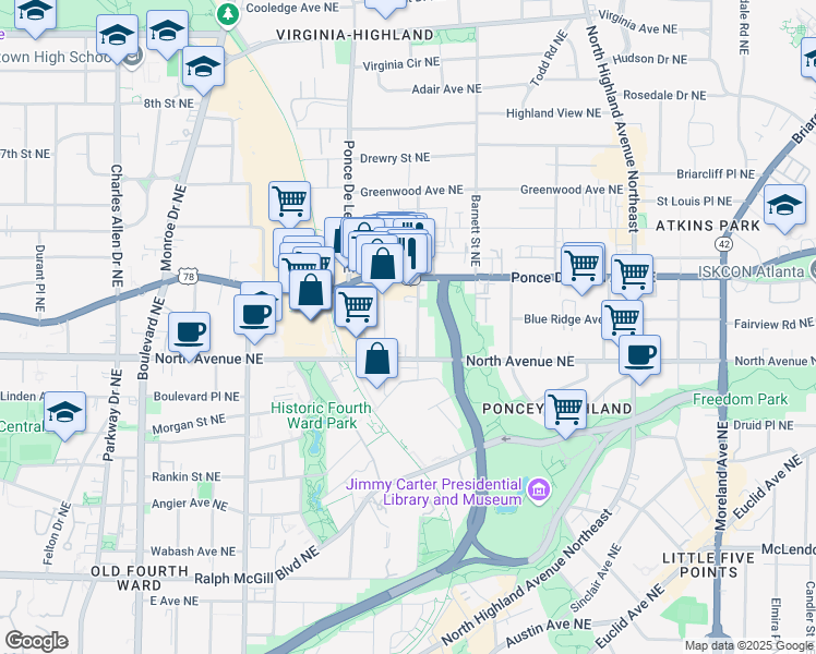 map of restaurants, bars, coffee shops, grocery stores, and more near 650 Bonaventure Avenue Northeast in Atlanta