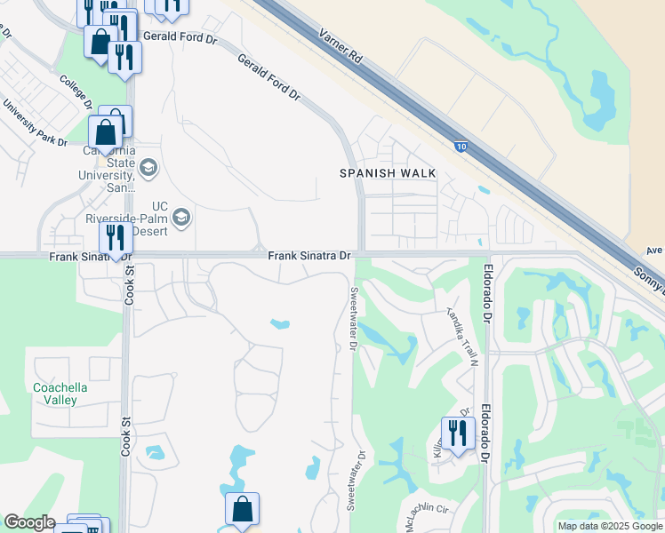 map of restaurants, bars, coffee shops, grocery stores, and more near 422 Desert Falls Drive East in Palm Desert
