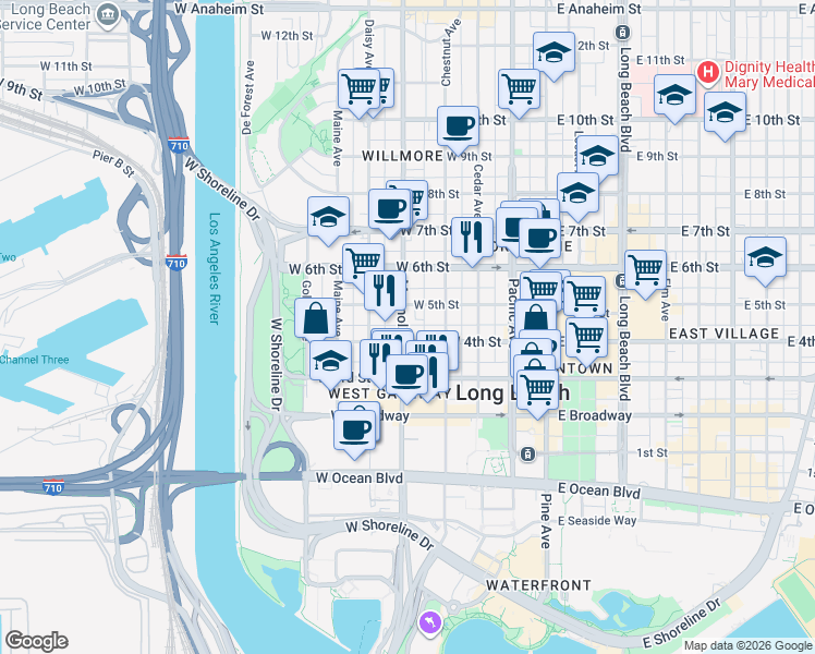 map of restaurants, bars, coffee shops, grocery stores, and more near 420 Magnolia Avenue in Long Beach