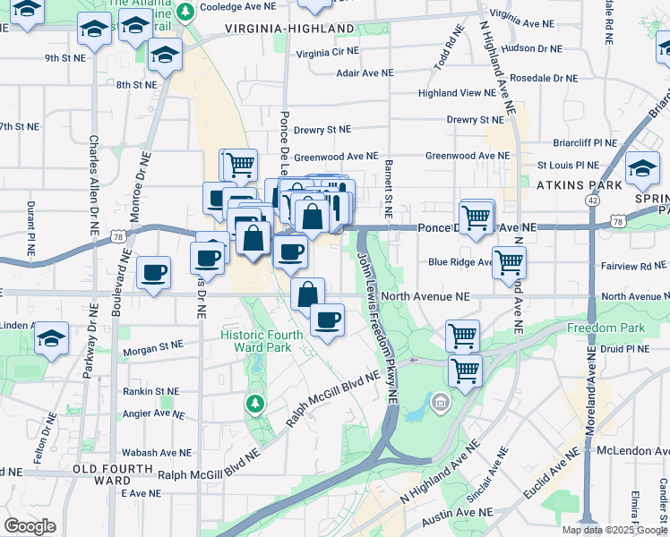 map of restaurants, bars, coffee shops, grocery stores, and more near 650 Bonaventure Avenue Northeast in Atlanta