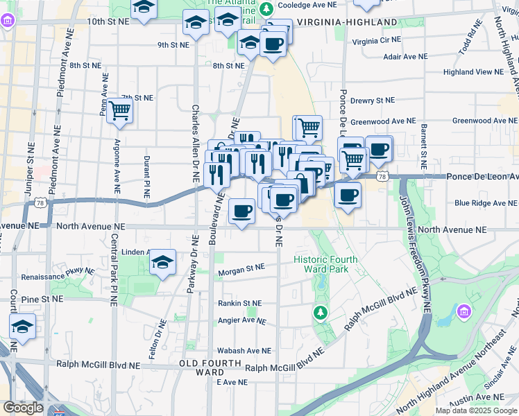 map of restaurants, bars, coffee shops, grocery stores, and more near 640 Glen Iris Drive Northeast in Atlanta