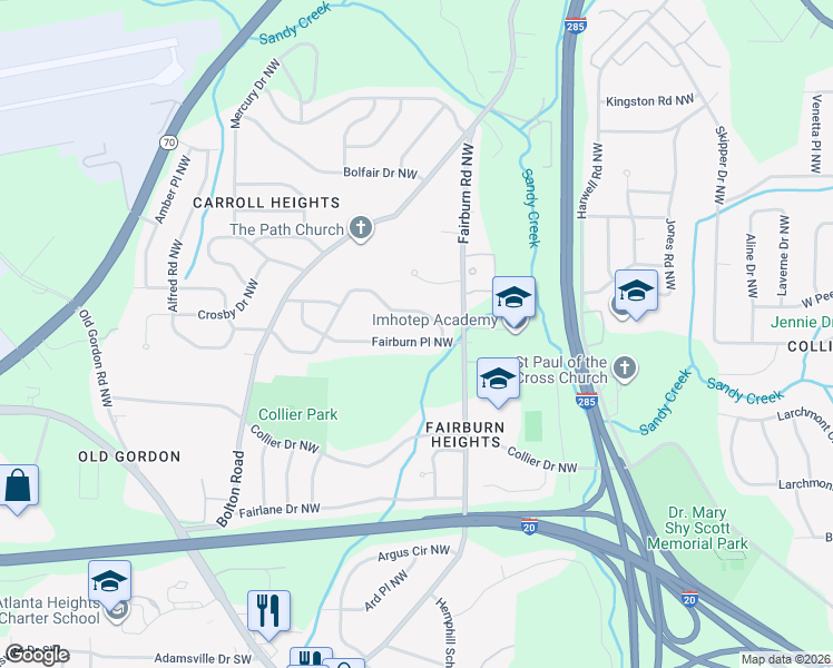 map of restaurants, bars, coffee shops, grocery stores, and more near 3499 Fairburn Place Northwest in Atlanta