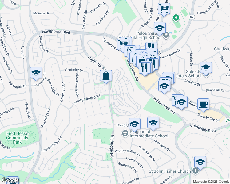 map of restaurants, bars, coffee shops, grocery stores, and more near 106 Cottonwood Circle in Rolling Hills Estates