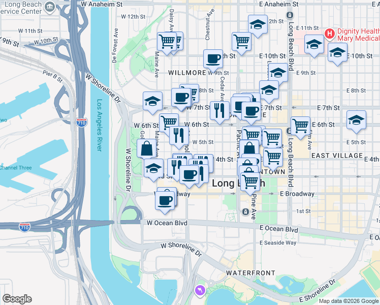 map of restaurants, bars, coffee shops, grocery stores, and more near 420 Magnolia Avenue in Long Beach
