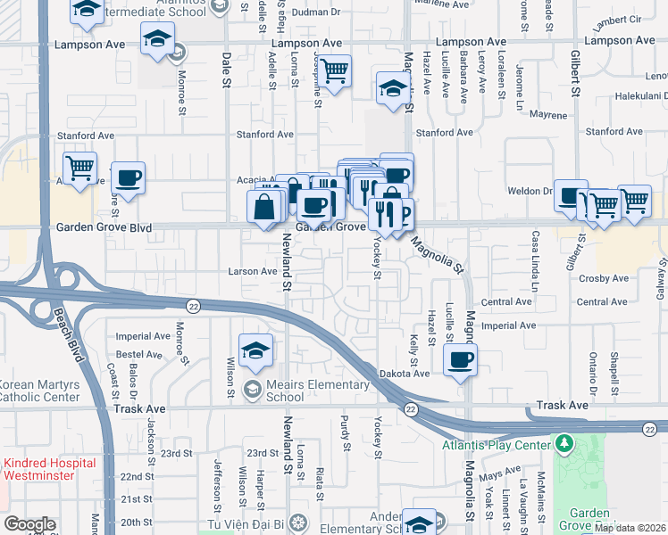map of restaurants, bars, coffee shops, grocery stores, and more near 8582 Emerson Circle in Garden Grove