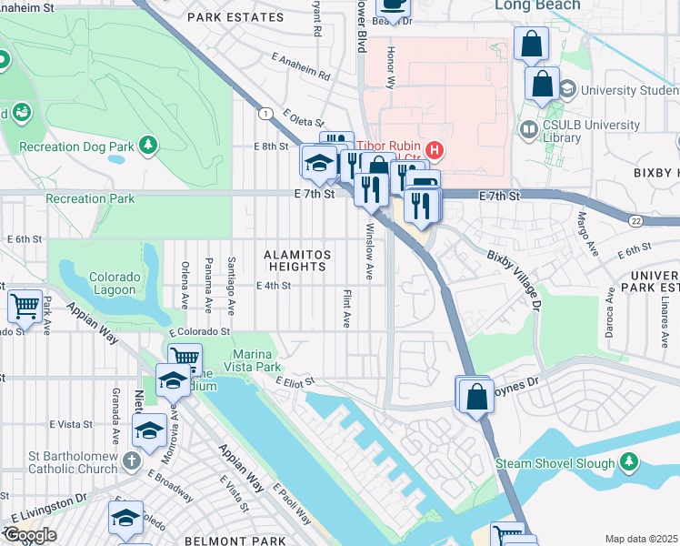 map of restaurants, bars, coffee shops, grocery stores, and more near 445 Flint Avenue in Long Beach