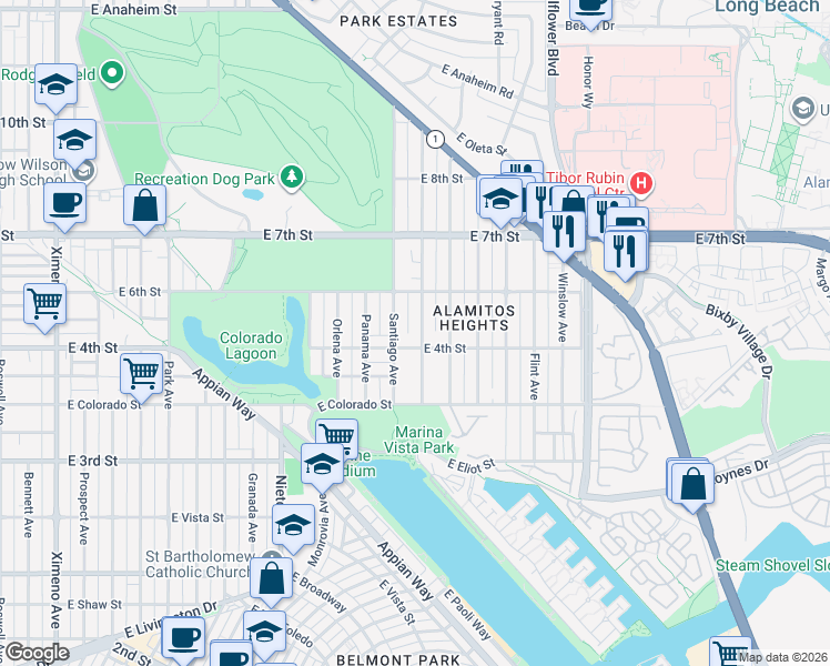 map of restaurants, bars, coffee shops, grocery stores, and more near 438 Santiago Avenue in Long Beach