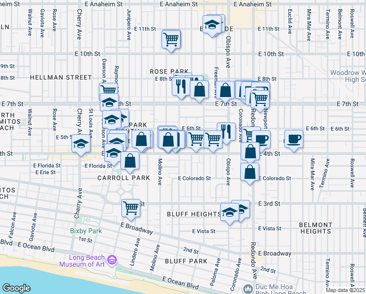 map of restaurants, bars, coffee shops, grocery stores, and more near 2836 East 5th Street in Long Beach