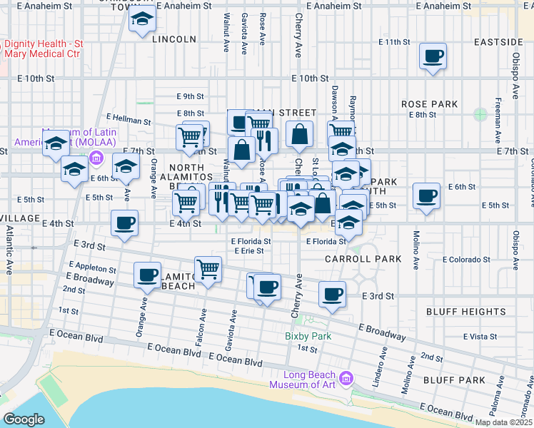 map of restaurants, bars, coffee shops, grocery stores, and more near 443 Rose Avenue in Long Beach