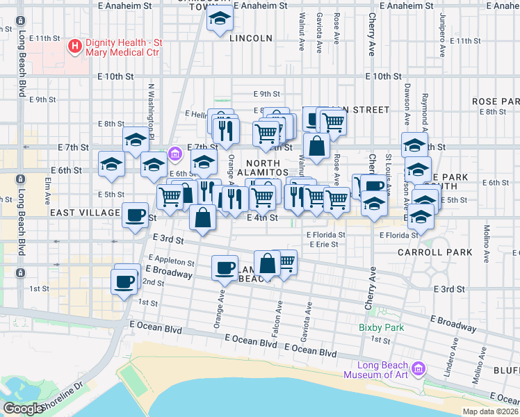 map of restaurants, bars, coffee shops, grocery stores, and more near 446 Almond Avenue in Long Beach
