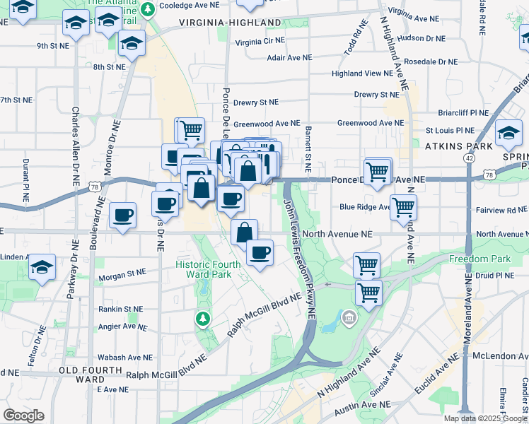 map of restaurants, bars, coffee shops, grocery stores, and more near 658 Bonaventure Avenue Northeast in Atlanta