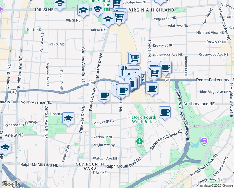 map of restaurants, bars, coffee shops, grocery stores, and more near 620 North Avenue Northeast in Atlanta
