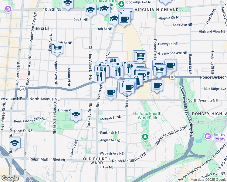 map of restaurants, bars, coffee shops, grocery stores, and more near 640 Glen Iris Drive Northeast in Atlanta