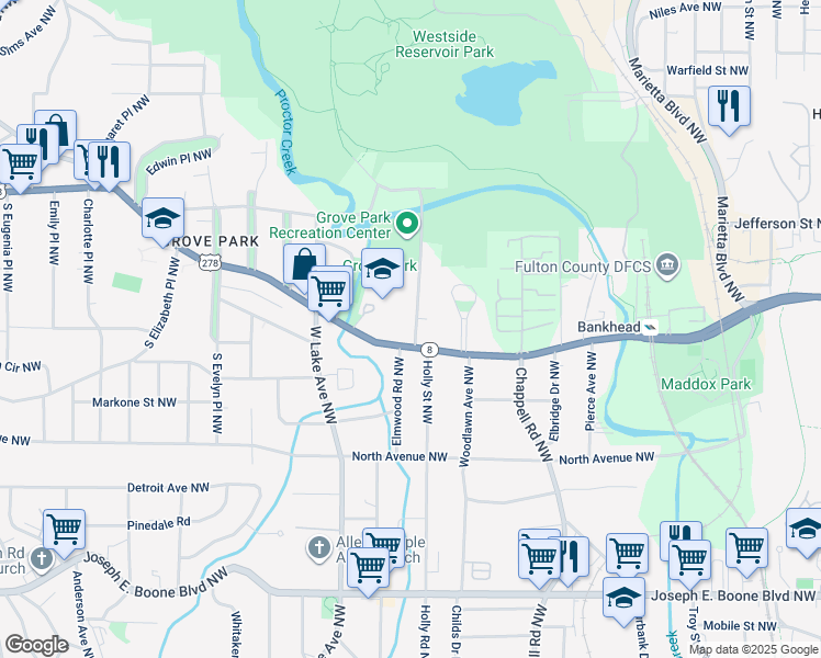 map of restaurants, bars, coffee shops, grocery stores, and more near 647 Francis Place Northwest in Atlanta