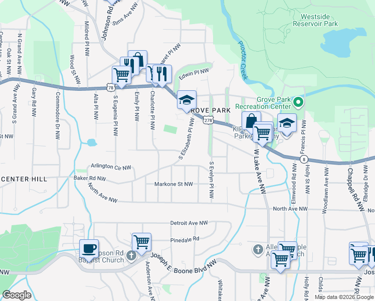 map of restaurants, bars, coffee shops, grocery stores, and more near 627 South Elizabeth Place Northwest in Atlanta