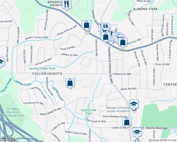 map of restaurants, bars, coffee shops, grocery stores, and more near 637 Lyric Way Northwest in Atlanta