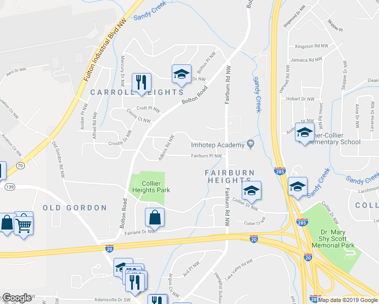 map of restaurants, bars, coffee shops, grocery stores, and more near 3553 Fairburn Place Northwest in Atlanta