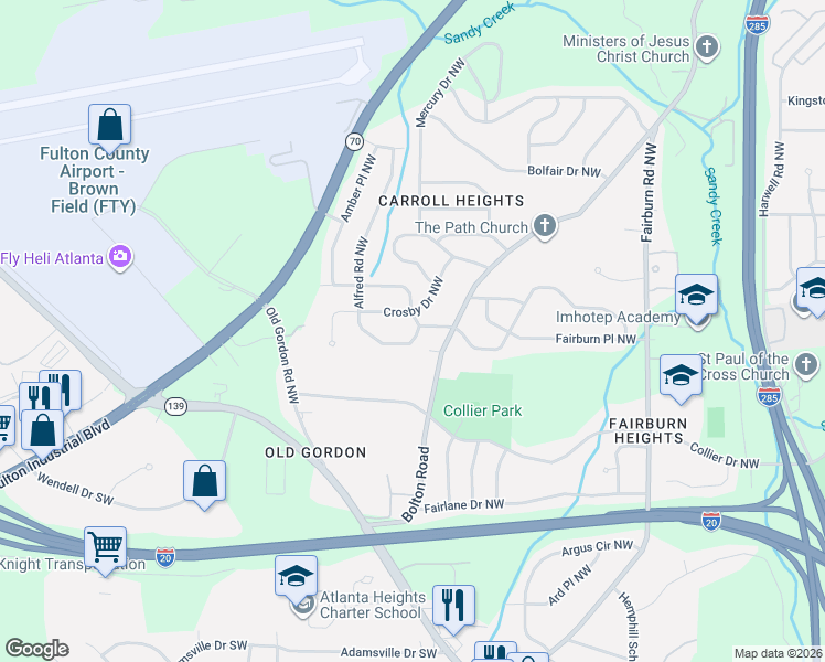map of restaurants, bars, coffee shops, grocery stores, and more near 3738 Crosby Drive Northwest in Atlanta