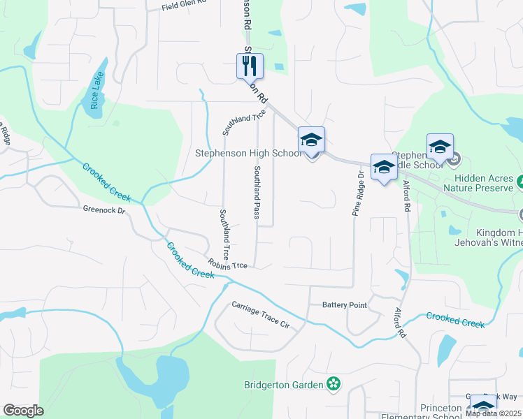 map of restaurants, bars, coffee shops, grocery stores, and more near 802 Southland Pass in Stone Mountain