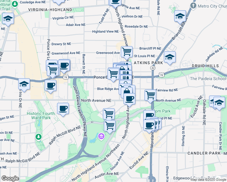 map of restaurants, bars, coffee shops, grocery stores, and more near 1007 Blue Ridge Avenue Northeast in Atlanta