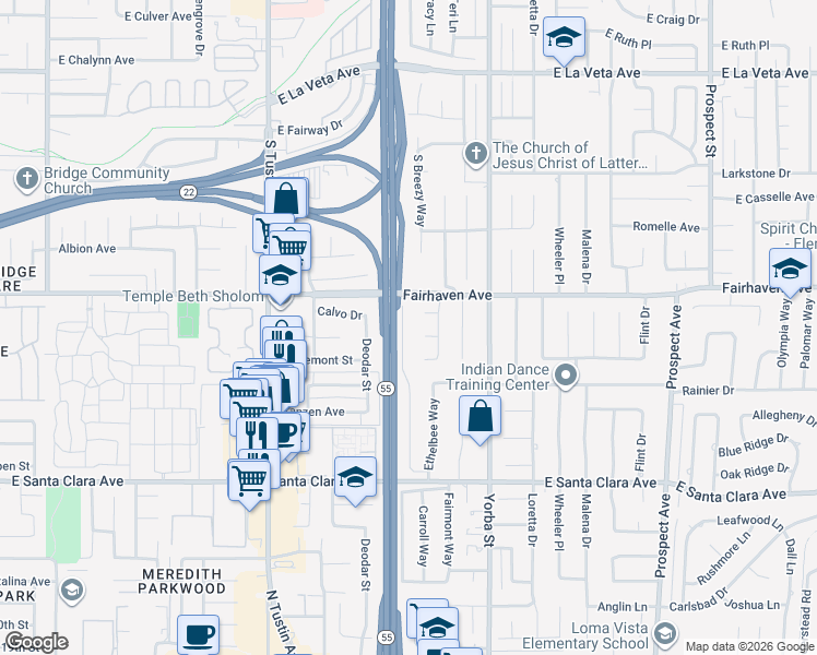 map of restaurants, bars, coffee shops, grocery stores, and more near 17342 Calvo Drive in Santa Ana