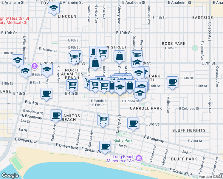 map of restaurants, bars, coffee shops, grocery stores, and more near in Long Beach