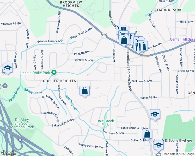 map of restaurants, bars, coffee shops, grocery stores, and more near 605 Lyric Way Northwest in Atlanta