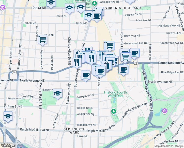 map of restaurants, bars, coffee shops, grocery stores, and more near 640 Glen Iris Drive Northeast in Atlanta