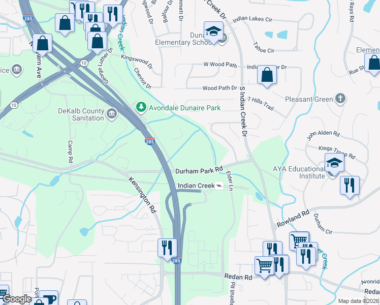 map of restaurants, bars, coffee shops, grocery stores, and more near 3836 Durham Park Road in Decatur