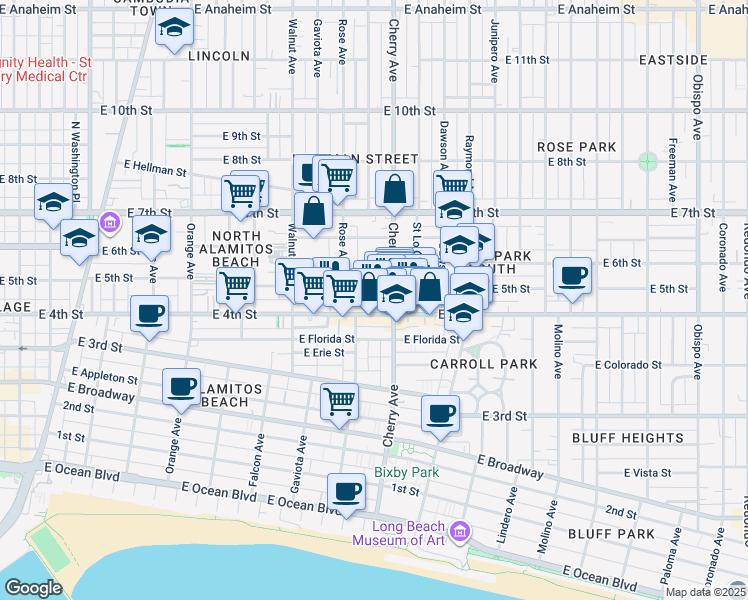 map of restaurants, bars, coffee shops, grocery stores, and more near 426 Rose Place in Long Beach