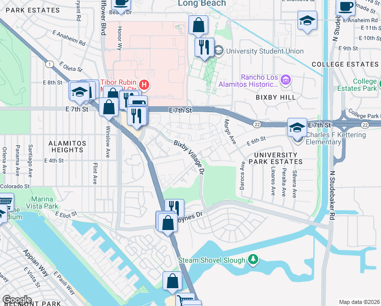 map of restaurants, bars, coffee shops, grocery stores, and more near 441 Burlington Court in Long Beach