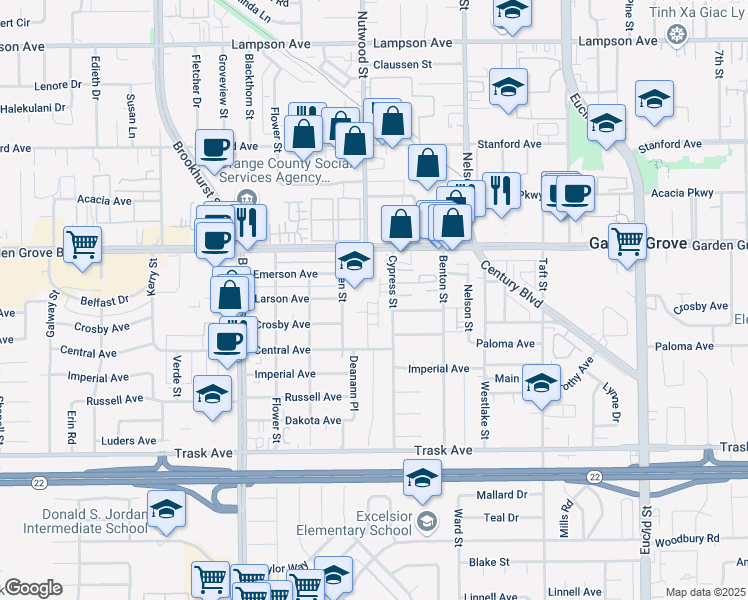 map of restaurants, bars, coffee shops, grocery stores, and more near 13122 Adland Street in Garden Grove