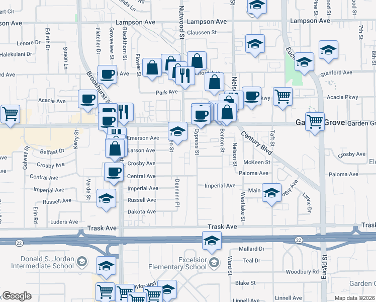 map of restaurants, bars, coffee shops, grocery stores, and more near 13122 Adland Street in Garden Grove