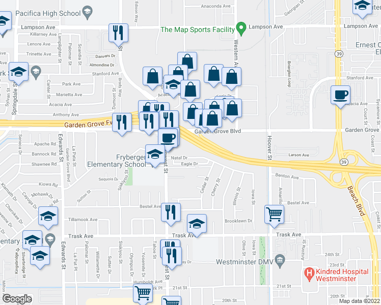 map of restaurants, bars, coffee shops, grocery stores, and more near 7051 Natal Drive in Westminster