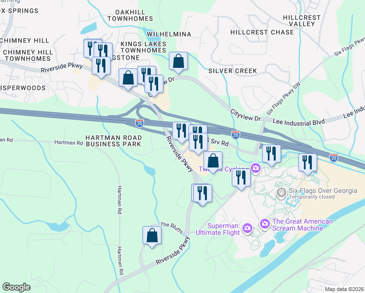 map of restaurants, bars, coffee shops, grocery stores, and more near 185 South Service Road in Austell