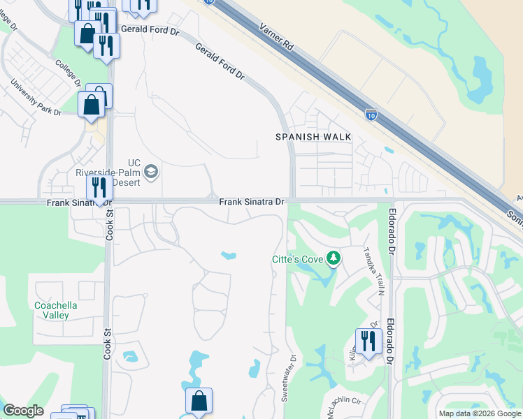 map of restaurants, bars, coffee shops, grocery stores, and more near 422 Desert Falls Drive East in Palm Desert