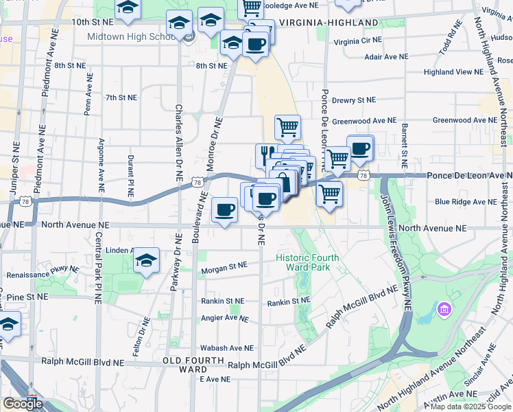 map of restaurants, bars, coffee shops, grocery stores, and more near 650 Glen Iris Drive Northeast in Atlanta