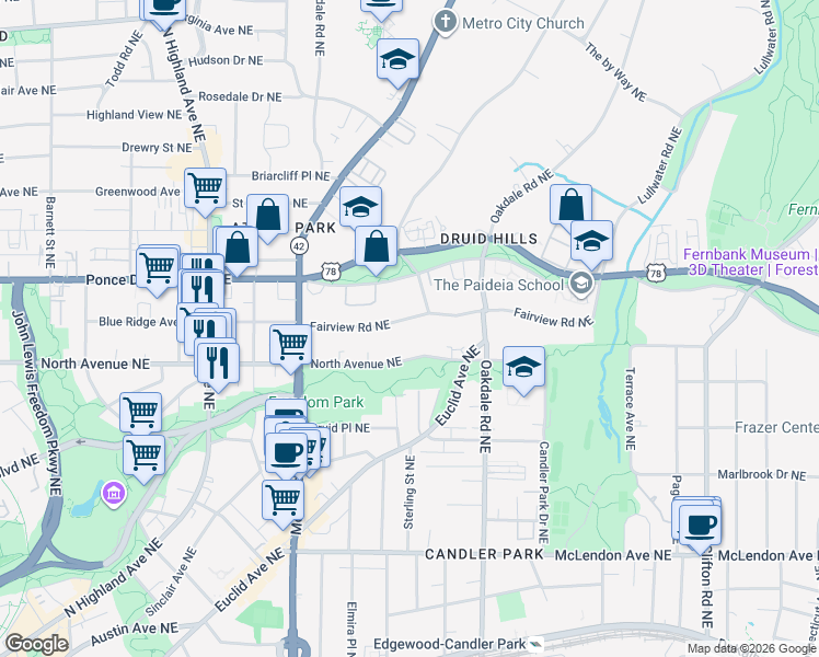 map of restaurants, bars, coffee shops, grocery stores, and more near 1305 Fairview Road Northeast in Atlanta