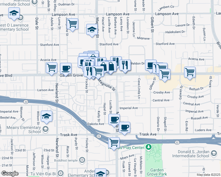 map of restaurants, bars, coffee shops, grocery stores, and more near 13131 Magnolia Street in Garden Grove