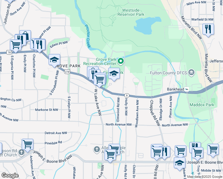 map of restaurants, bars, coffee shops, grocery stores, and more near 1577 Donald Lee Hollowell Parkway Northwest in Atlanta