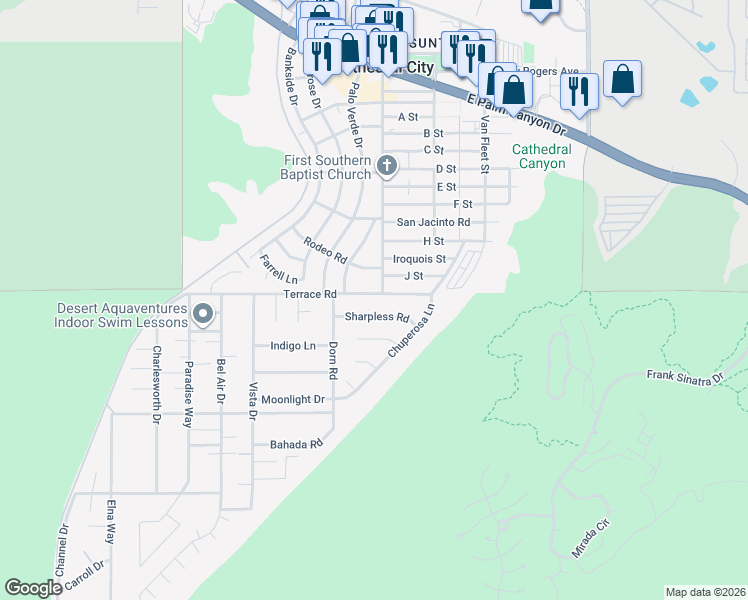 map of restaurants, bars, coffee shops, grocery stores, and more near 68483 Terrace Road in Cathedral City