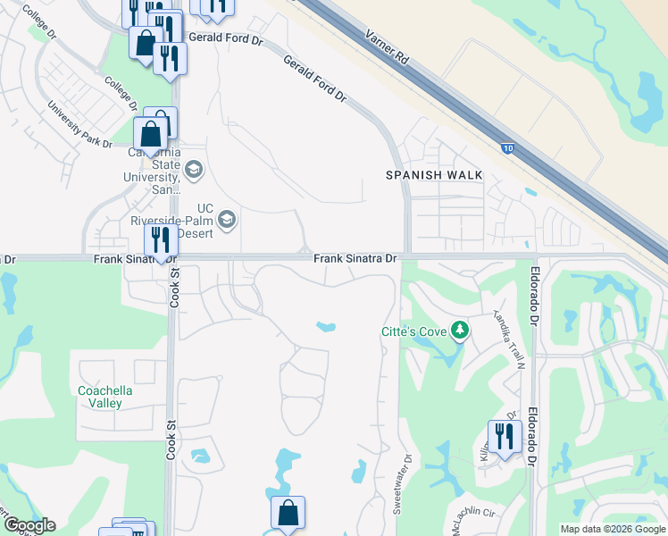 map of restaurants, bars, coffee shops, grocery stores, and more near 472 Evergreen Ash in Palm Desert